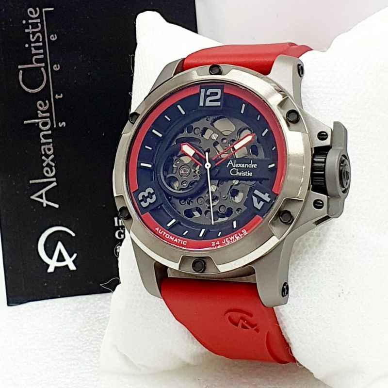 Alexandre Christie Original Automatic  AC 6295 Jam Tangan Pria Tali Karet merah abu