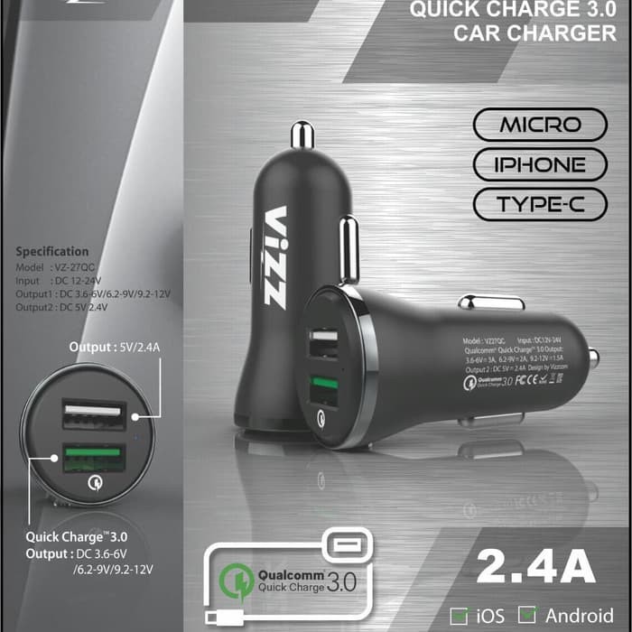 CAR CHARGER MOBIL VIZZ QUALCOMM 3.0 FAST CHARGER VZ-27QC VIZZ