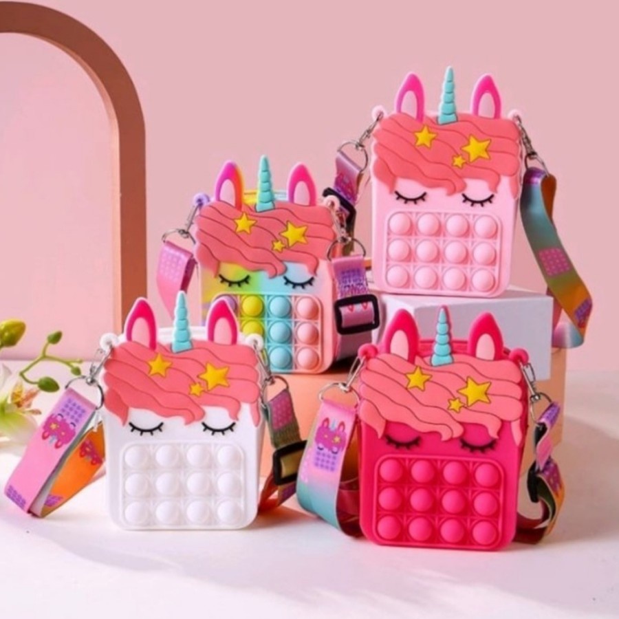 Tas Selempang Anak Perempuan Pop It Sling Bag Unicorn Putih Pink Rainbow Fuschia / Kado Tas Selempan