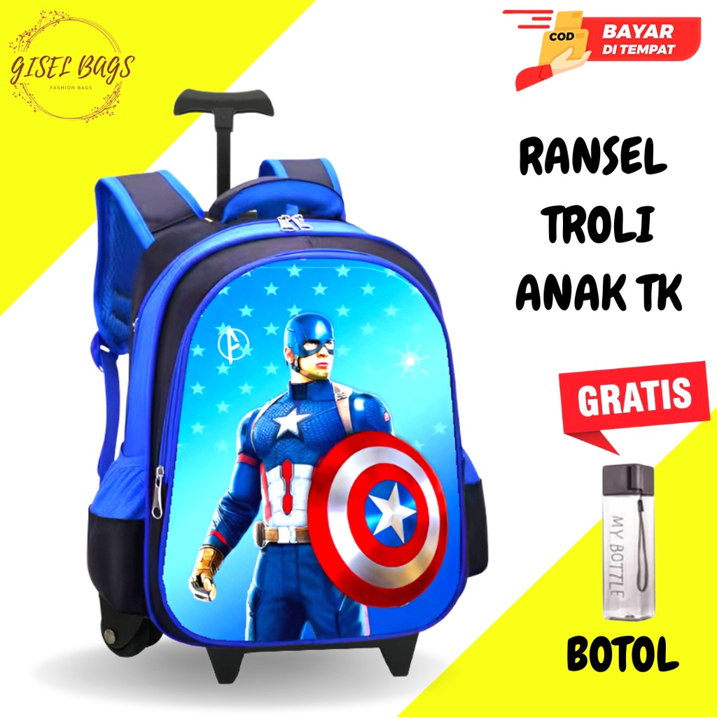 GB Tas ransel troli anak laki laki gambar timbul karakter superhero tas troli anak import