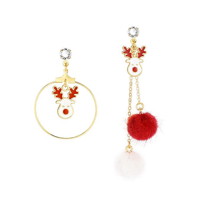 LRC Anting Tusuk Natal Fashion Color Little Elk Hair Ball Asymmetrical Oil Drop Earrings P50292