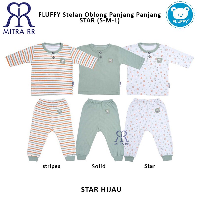 FLUFFY Stelan Oblong Baju Panjang Celana Panjang BEAR STAR S M L (3-12 bulan) Setelan Baju Bayi 3 Pasang