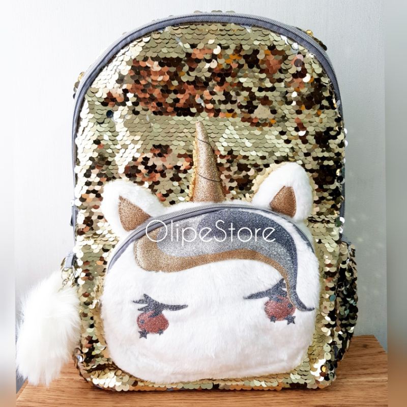 JUSTICE - Sequin Unicorn Backpack Tas Sekolah Ransel Unicorn (Gold)