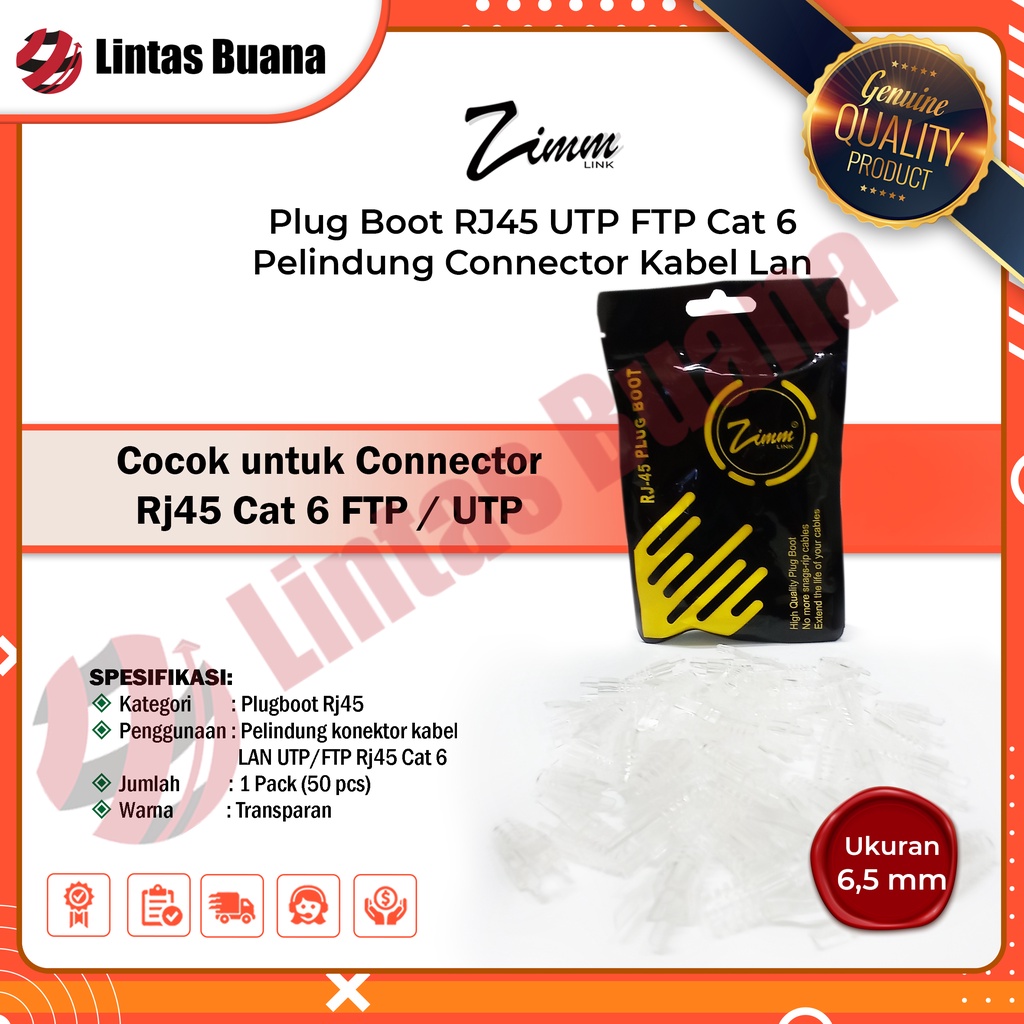 Plug Boot transparan RJ45 UTP FTP CAT6 6.5mm Pelindung Connector Kabel Lan Zimmlink 1 Pack 50pcs 6.5