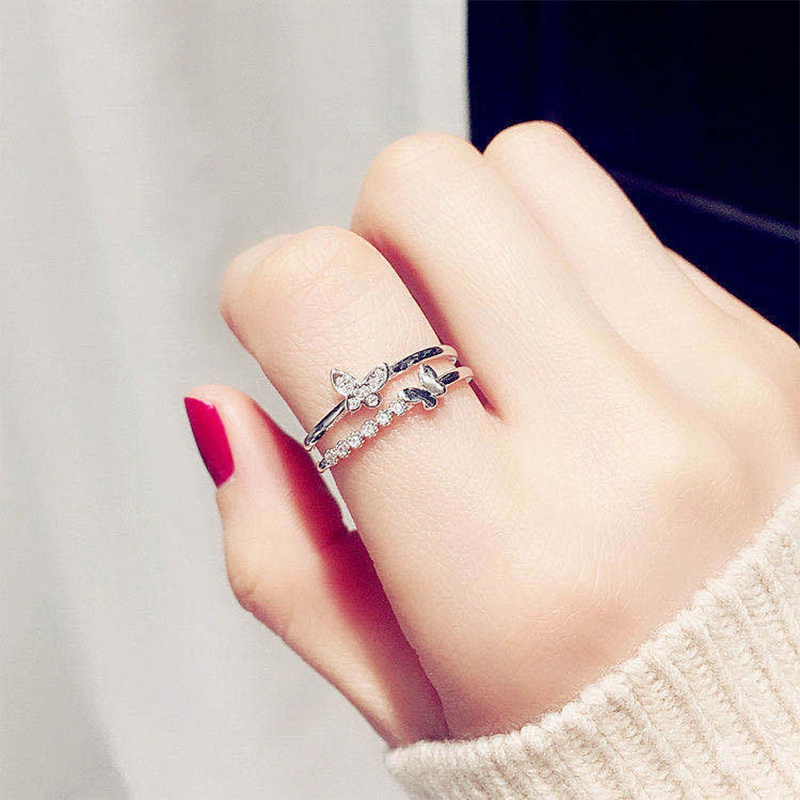 Kupu-kupu Kreatif Cincin Berlian Kristal Mengkilap Baja Titanium Perak Emas Mawar Perhiasan Fashion Wanita Pernikahan Rings
