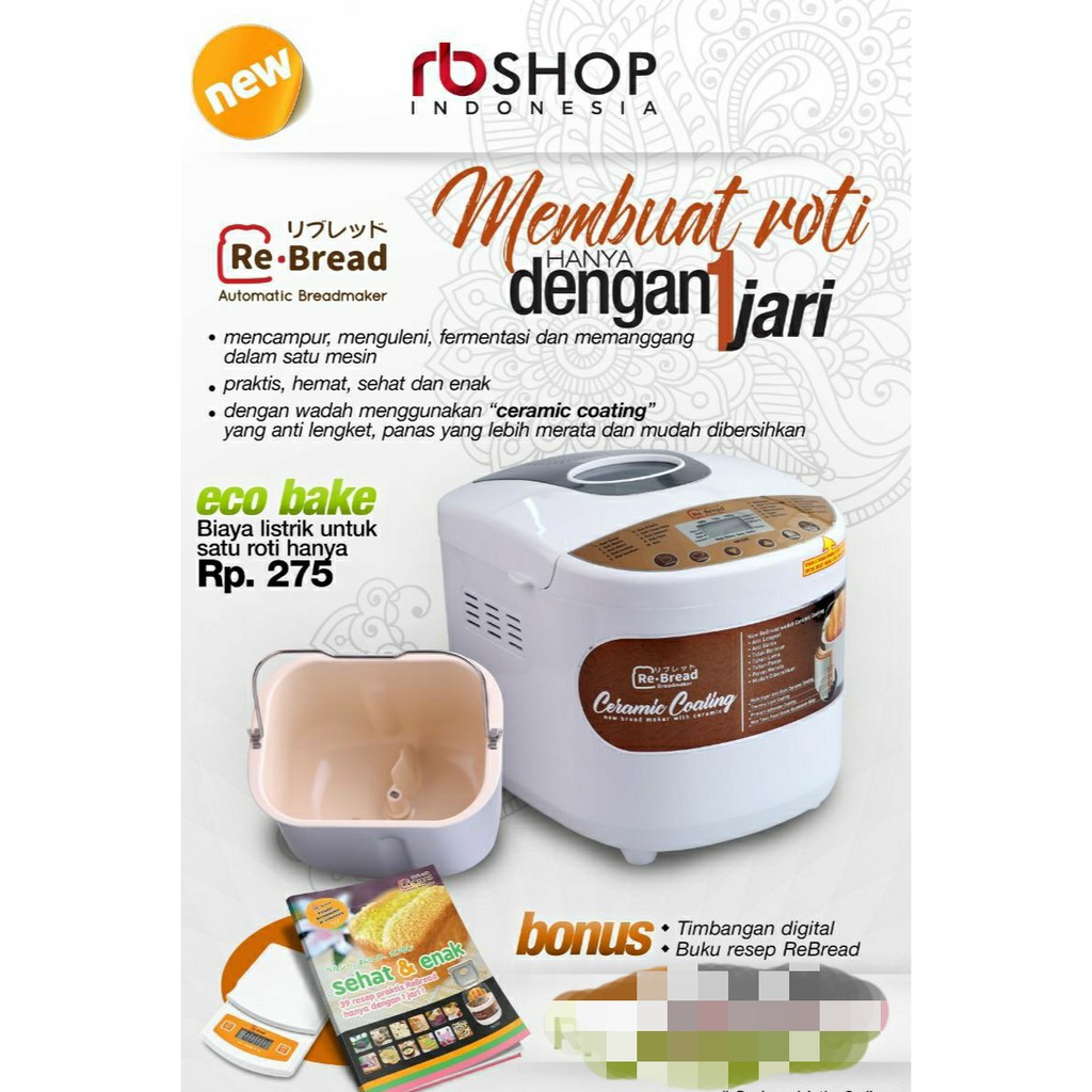 RE BREAD Gold Ceramic RB250C / Alat Pembuat Roti ReBread / RB-Bread 495 Watt Original