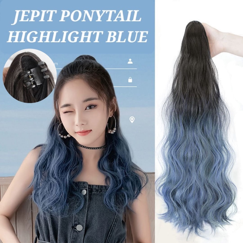 PONYTAIL BLUE HIGHLIGHT HAIR CLIP AKSESORIS RAMBUT PALSU WIG KUNCIRAN RAMBUT WANITA FASHION KOREA IMPORT