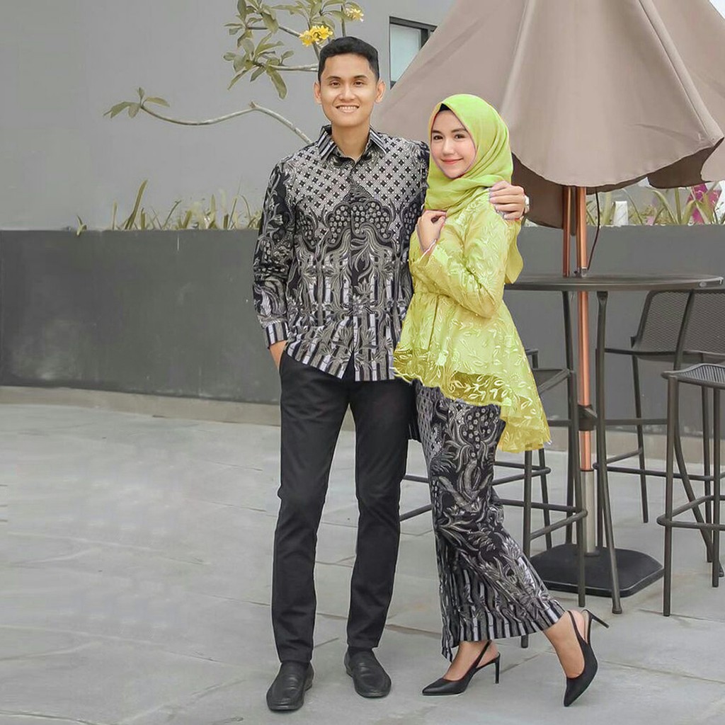 (TERMURAH - ORI & REAL PIC!  WARNA) Batik Couple Andhini Kebaya Couple Brukat Anabel - BS073-KUNING