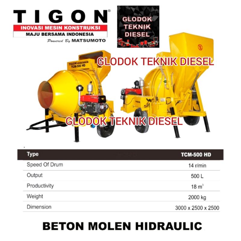 Mesin Molen Mixer Tigon TCM-500HD Beton Molen Hydraulic TCM-500 HD