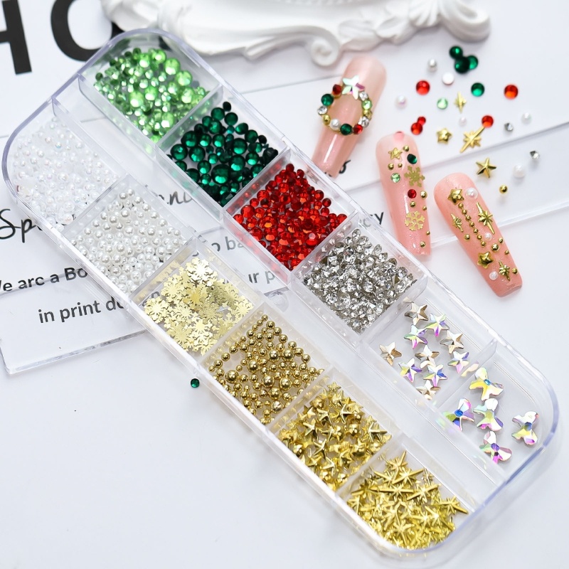 Zzz Hiasan Kuku Bentuk Snowflake + Mutiara + Berlian Imitasi Bahan Metal Untuk Nail Art / Manicure DIY