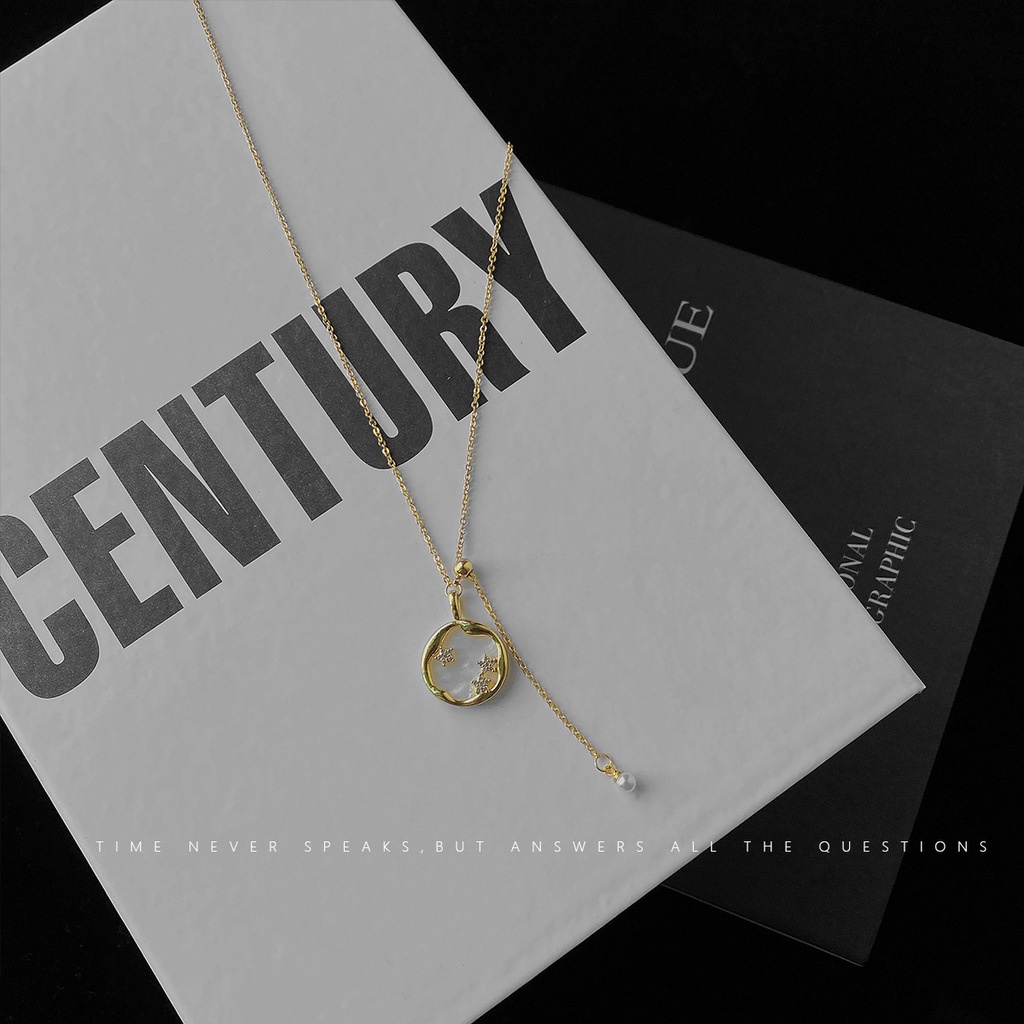 Kalung Rantai clavicle simple Gaya Korea Selatan Dengan Mutiara Bulat + Bintang Untuk Wanita