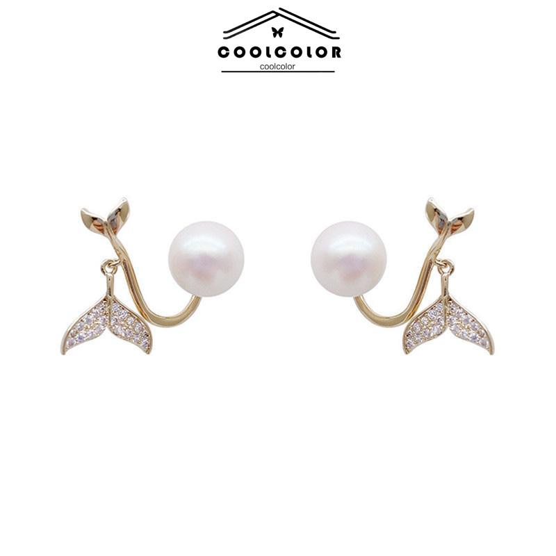 CODPearl Fishtail Back Hanging Earrings Wanita High-end Cahaya Mewah Penuh Berlian Anting Geometris- cl