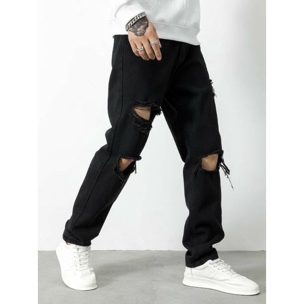 CELANA SOBEK PRIA RIPPED JEANS STANDAR BASIC REGULER ROBEK HITAM 27-38