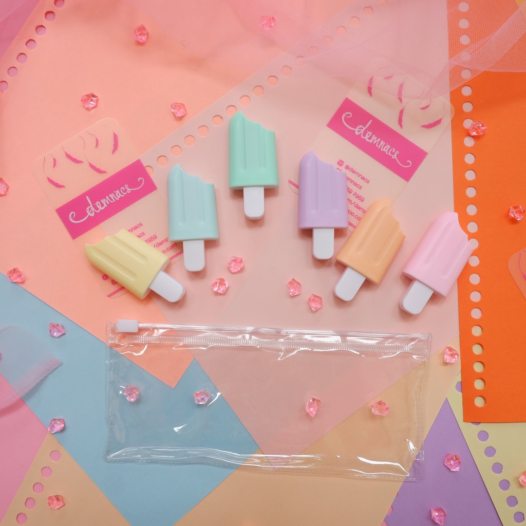 

highlighter set isi 6 dan satuan / stabilo pastel bentuk ice cream, sosis, wortel