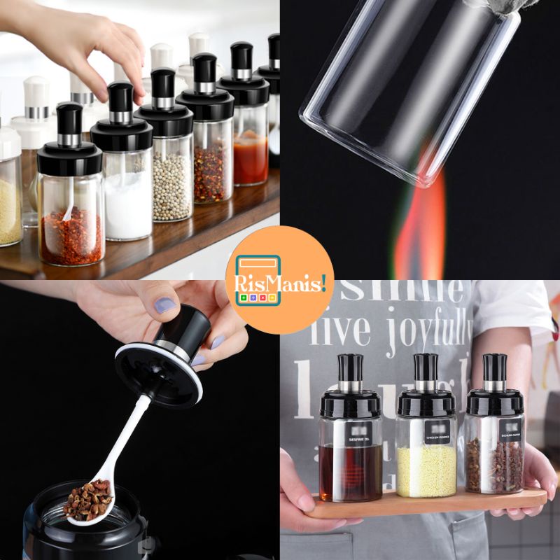 GLASS SEASONING JAR WITH SPOON - Toples Kaca Food Grade Botol Bumbu Dapur 250 ml Tutup Sendok Kedap