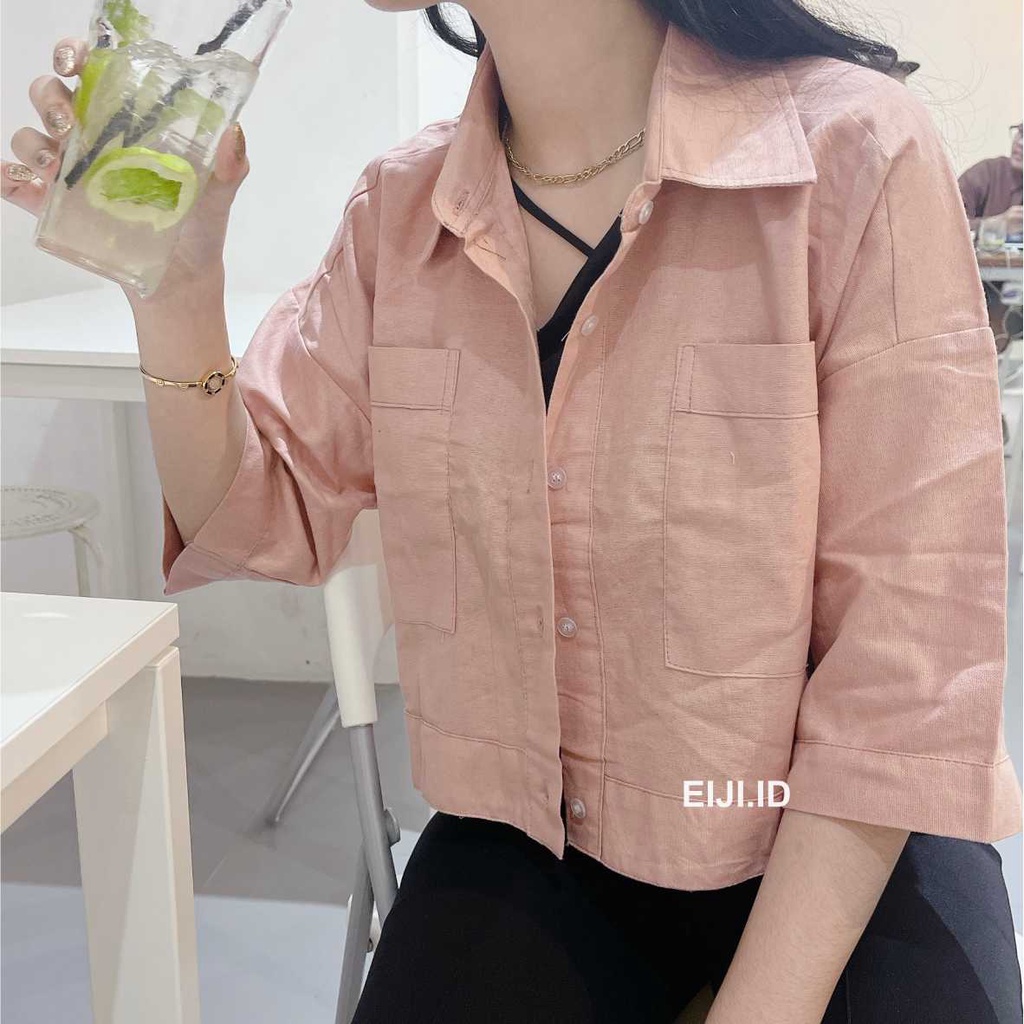 Kemeja Crop Linen Oversize Kemeja Shirt Linen Outer Crop