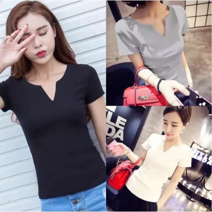 Kaos Polos Wanita Korea leher V Import size Xs-XL