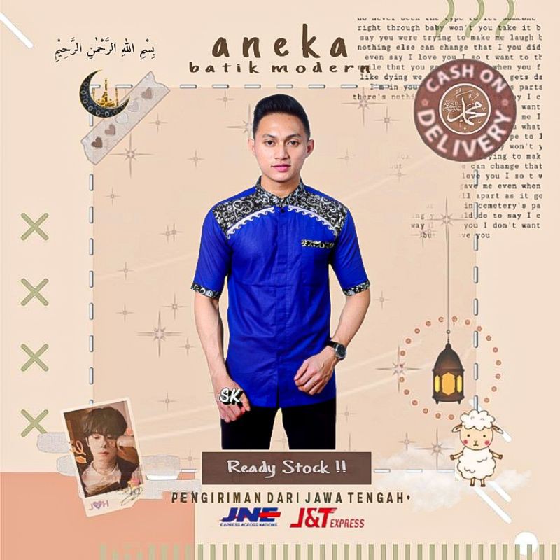 BAJU KOKO BORDIR KOMBINASI BATIK LENGAN PENDEK WARNA NAVI NAVY BIRU DONGKER LEBARAN KERJA KANTOR