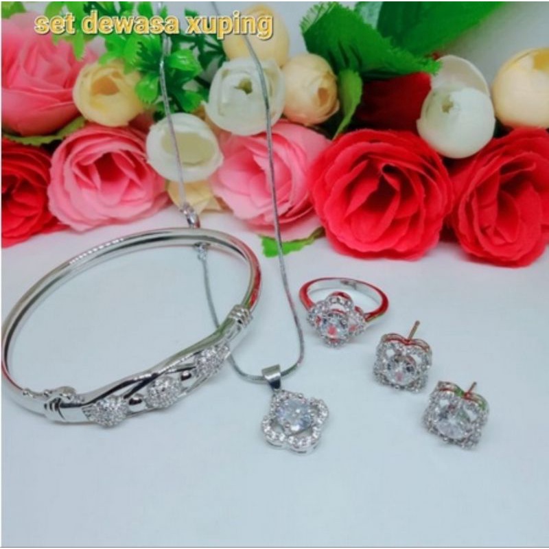 Perhiasan Xuping Dewasa Set Xuping Silver Permata - Kalung Anting Gelang Cincin