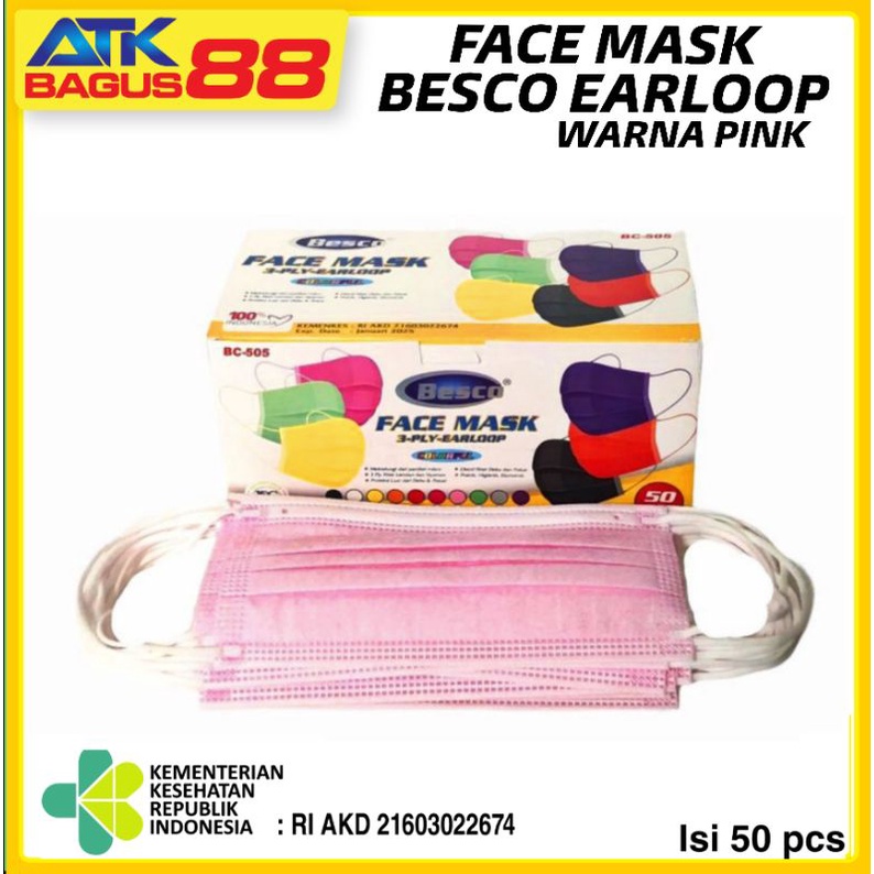 FACE MASK 3 PLY EARLOOP /1pack MASKER MEDIS BESCO WARNA PINK TERMURAH