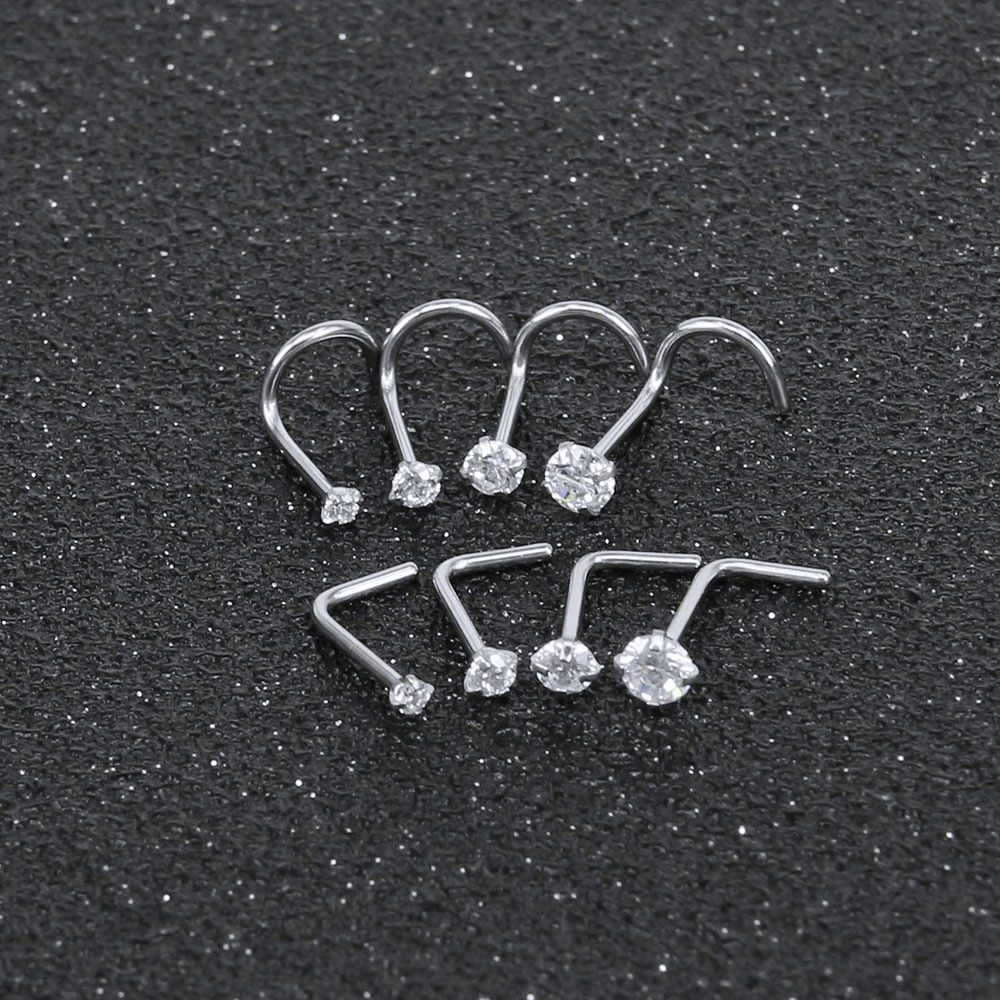 8pcs / 1 Lot Anting Tindik Hidung Bentuk L Bahan Stainless Steel Hias Kristal Zircon