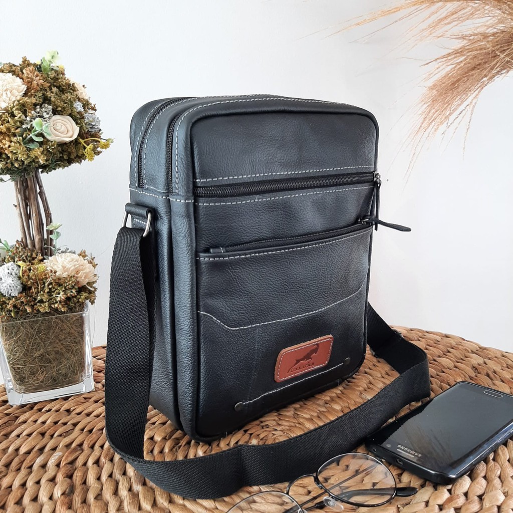 Tas Selempang Slempang Sling Bag Bahu Pria Kotak Kulit Asli Motif Kulit Jeruk Keren Elegan Original 