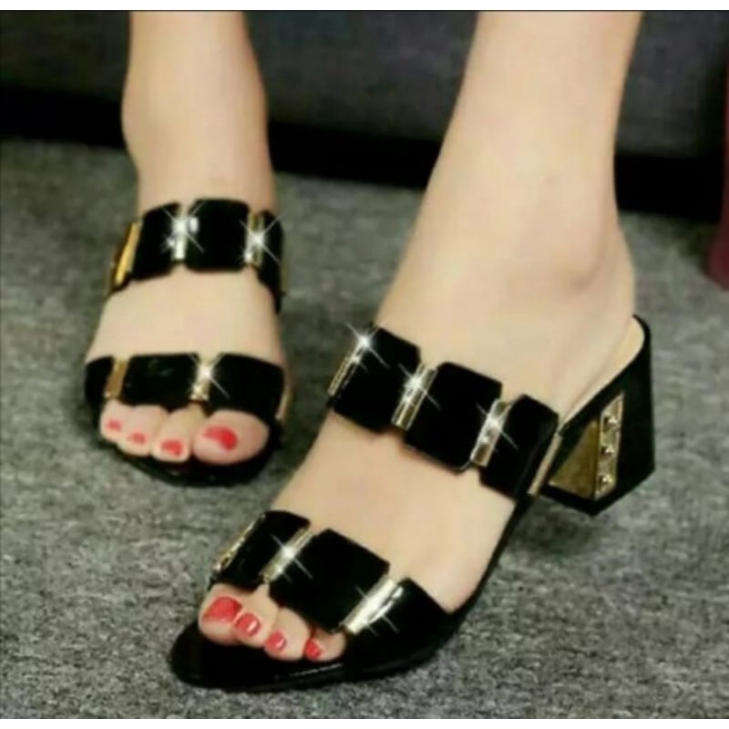 HAK TAHU HlGH HEELS SANDAL SENDAL WANITA HITAM GODL