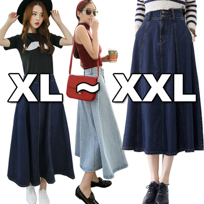 (BIGSIZE XL-XXL)Circle Pocket Denim Flare Skirt/Rok Jeans Wanita/ - Navy, XL