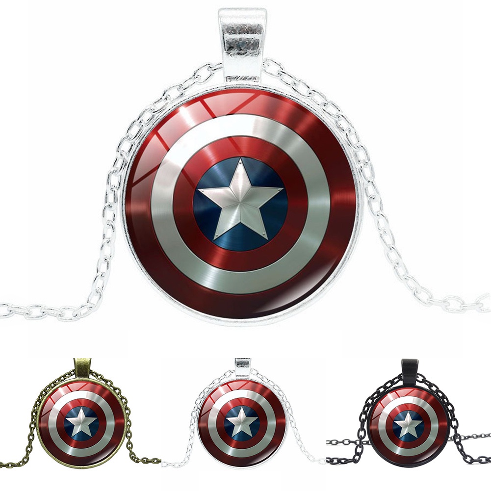 Hu Hu Hu Hu Hu Alat Bantu Pasang Kacamata♡ Kalung Rantai Dengan Liontin Kaca Cabochon Gambar Perisai Captain America Avenger