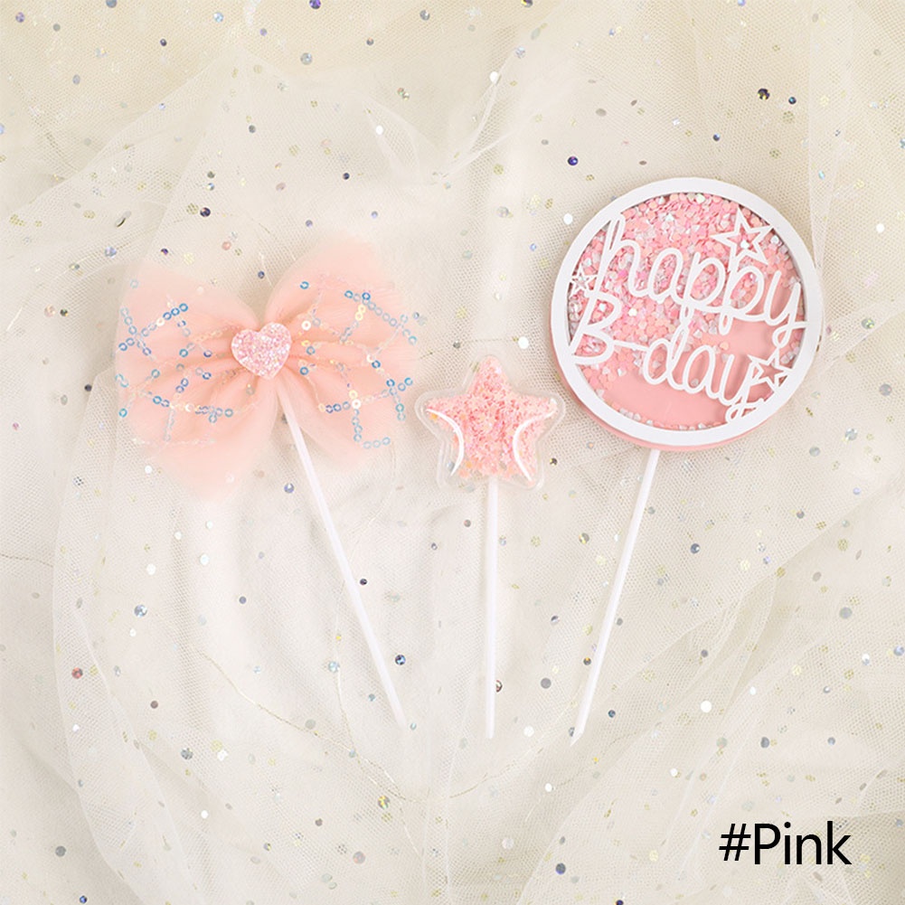Tk 3Pcs Topper Hiasan Kue Ulang Tahun Bentuk Pita Tulisan Happy Birthday