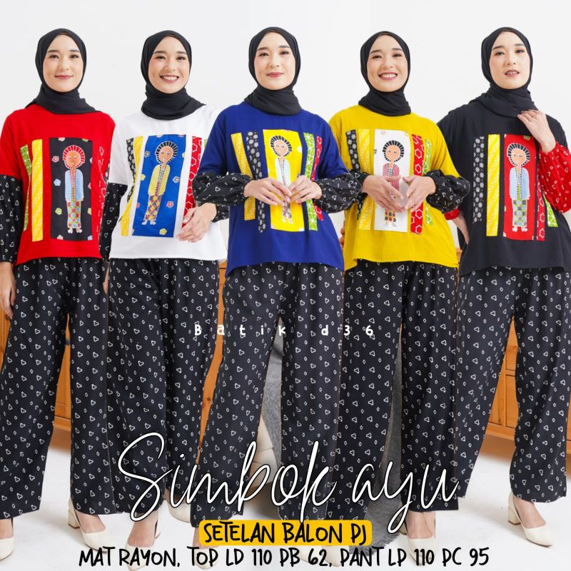 Semerbak Setelan lengan balon panjang Simbok Ayu Oneset Rayon Premium Wanita Cantik motif karakter lucu modern kasual elegan pesta kondangan kekinian trendi