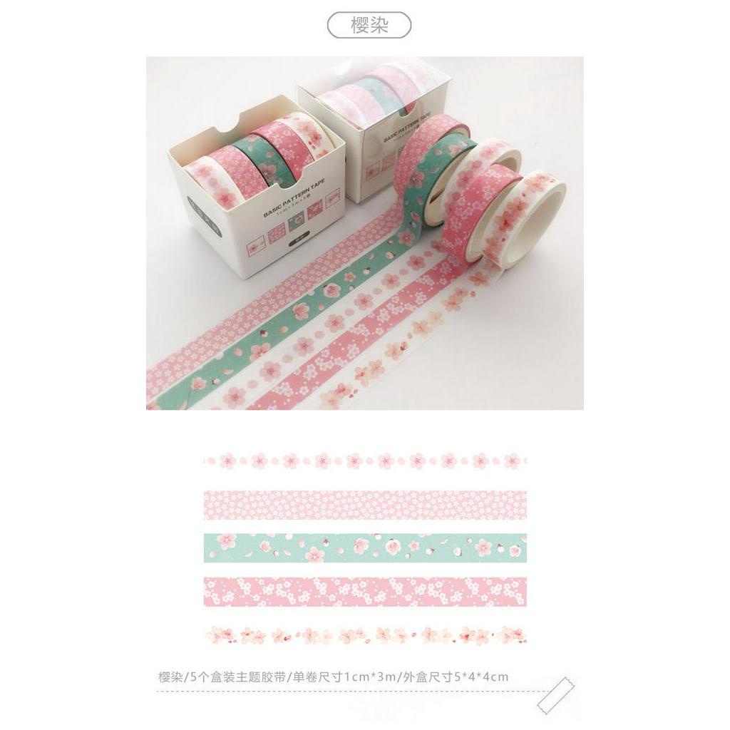 5 Roll / Pak Tape / Selotip Washi Motif Bunga Gaya Jepang Panjang 3m Untuk Dekorasi Diary / Sekolah Diy