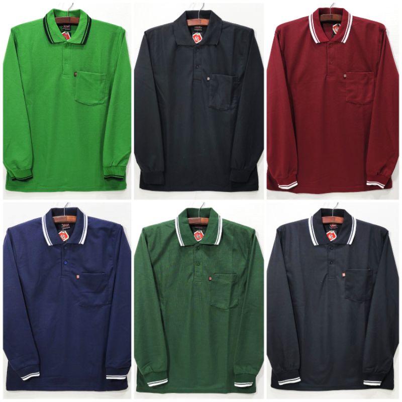 Kaos Polo Shirt Saku Pria Dewasa Kerah Polos Saku Lengan Panjang L XL XXL