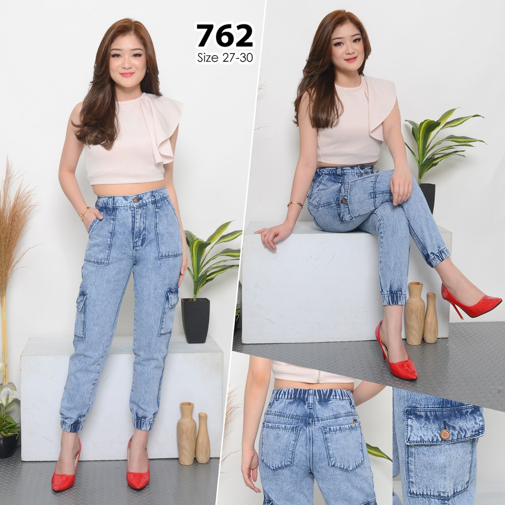 MC girl Celana Jeans Boyfriend Panjang Pinggang Karet / Cargo Jeans Panjang