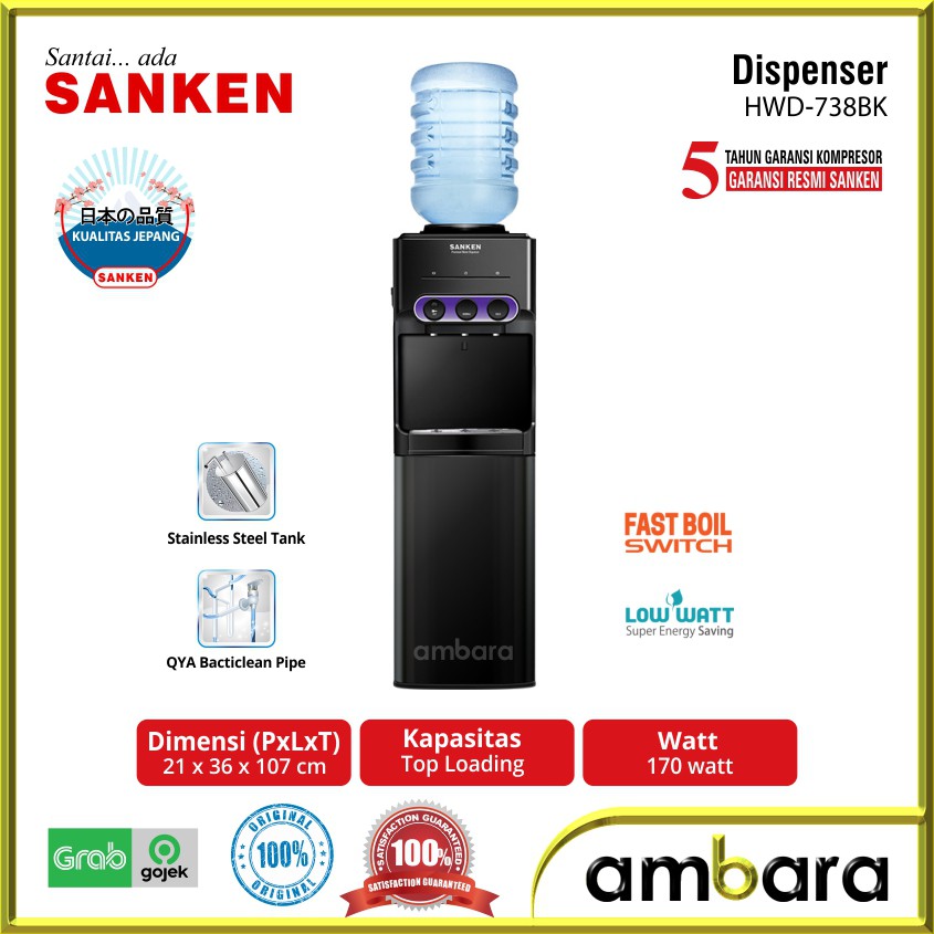 Water Dispenser Sanken HWD-738BK Dispenser Air Galon Atas HWD738BK