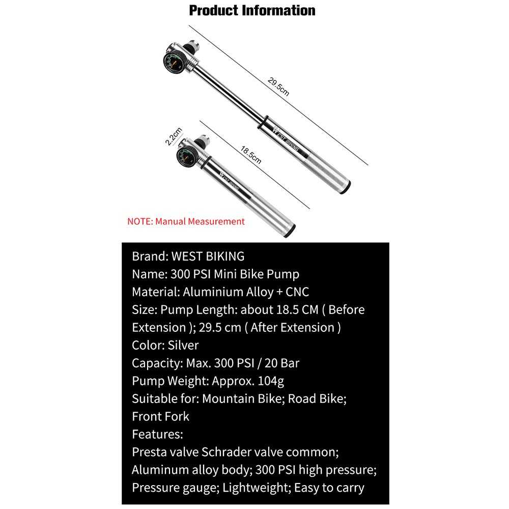 West Biking Pompa Angin Ban Sepeda Portable 300PSI with Pressure Gauge