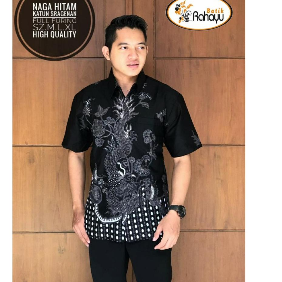Menarik.. Naga Hitam RAHAYU Kemeja batik pria motif naga abu hitam lengan pendek berfuring kemeja pr