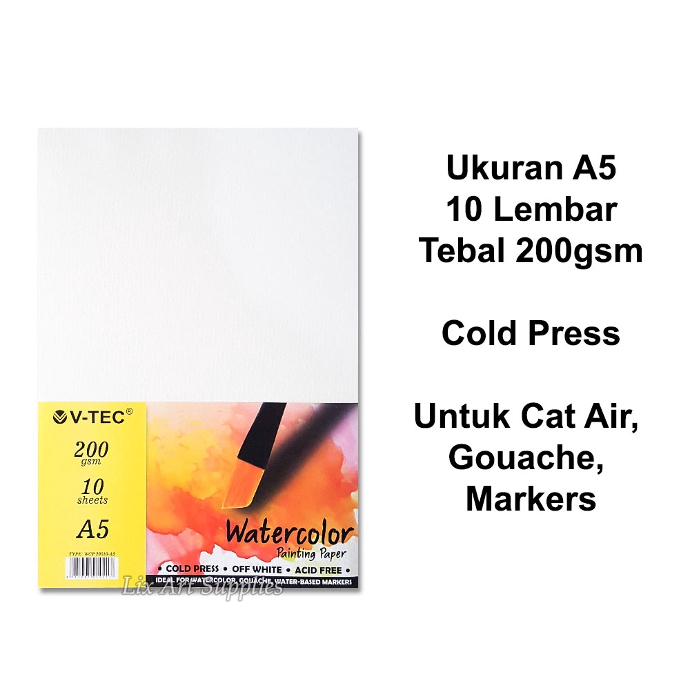 

V-TEC A5 Water Colour Paper 200gsm - 10 Sheets Cold Pressed / Kertas Cat Air A5