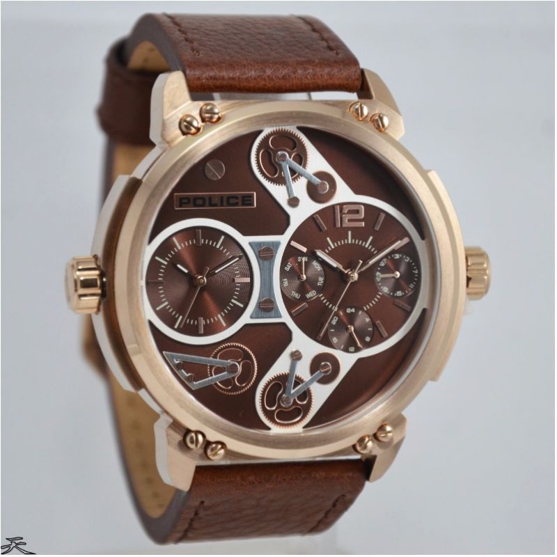 Jam Tangan Pria Police 14693JS Dual Time Leather Kulit Original Murah