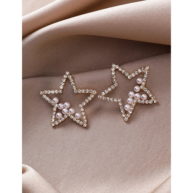 LRC Anting Tusuk Fashion Gold 925 Silver Needle Pearl Rhinestones Pentagonal Earrings D28160