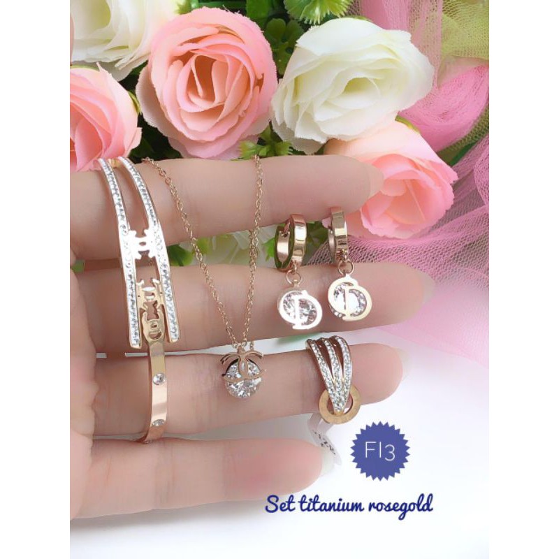 [titanium] paket perhiasan titanium set bangle mutiara putih Rosegold 170121