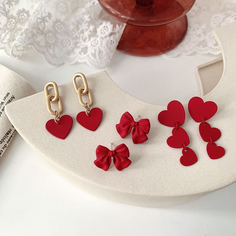 6 styles of red bow love heart diamond-painted women's earrings earrings Korean fashion jewelry festive lucky accessories