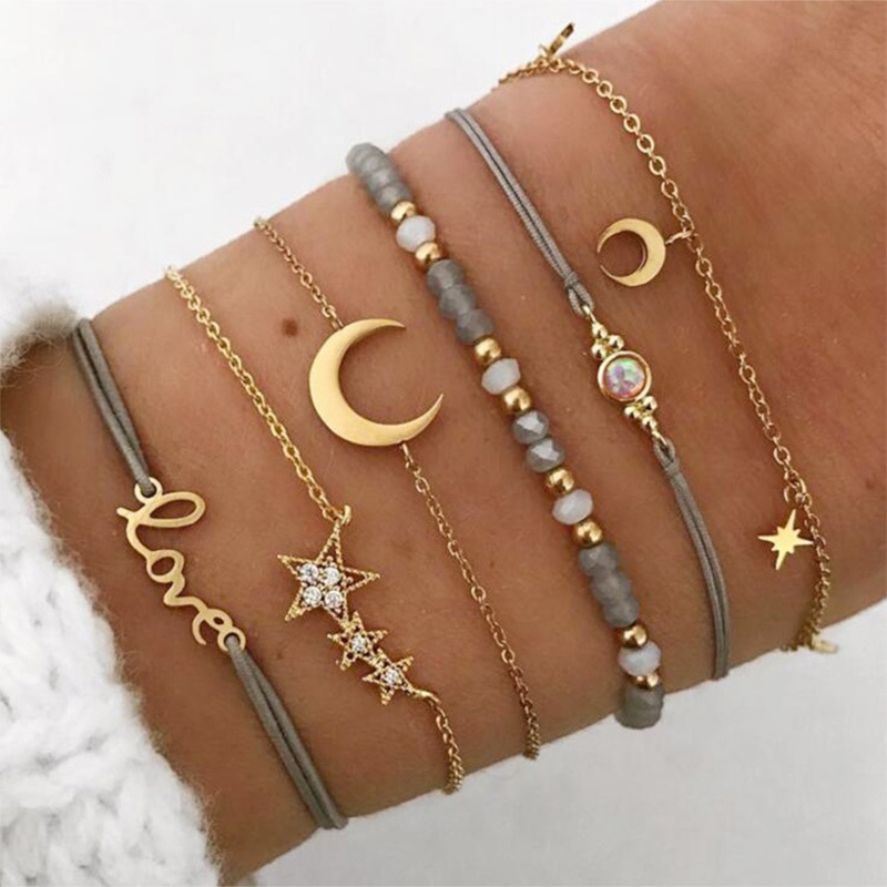6 Pcs Retro Gelang Set Bintang Bulan Gelang Fashion Wanita Aksesoris Hadiah Teman Terbaik - ol