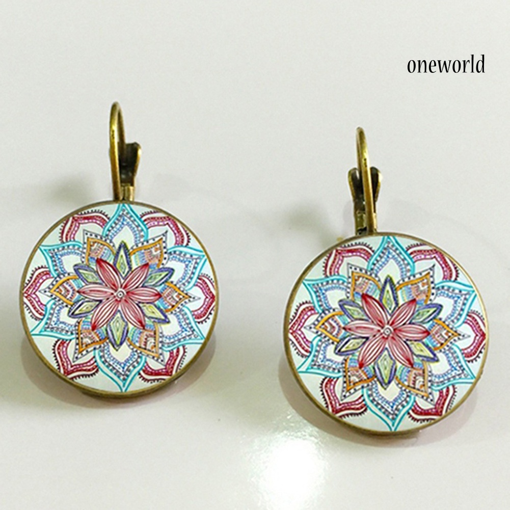 OW@ Vintage Unique Women Mandala Flower Alloy Hook Earrings Lady Ear Jewelry Gift