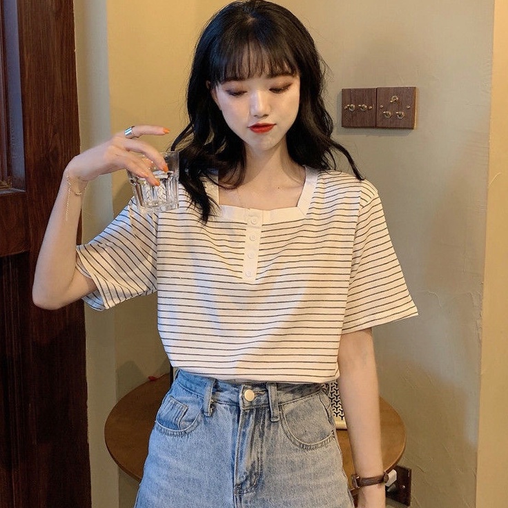 MOOGU ♡ Bergaris kaos katun wanita tshirt atasan top korea