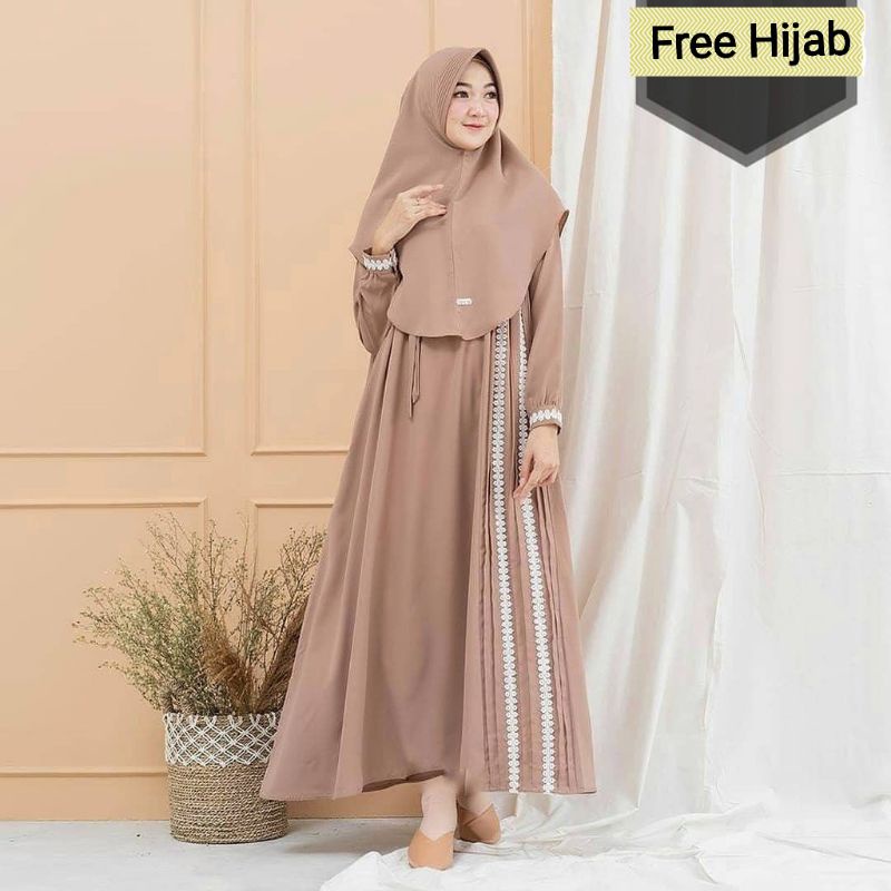 Baju Gamis Dress Busui Wanita Syari Muslim Free Plus Khimar Hijab Jilbab DESVITA SYARI Warna Polos C