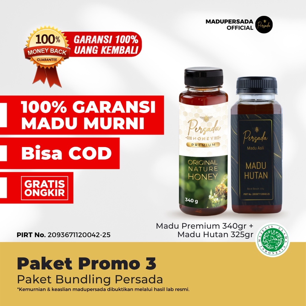 

PAKET PROMO 3 MADU PERSADA || MADU PREMIUM 340gr + MADU HUTAN PERSADA 325gr MADU MURNI 100%