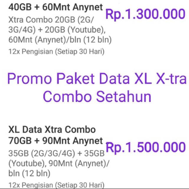 Paket Data Xl Extra Combo 1 Tahun 30gb 40gb Dan 70gb Shopee Indonesia