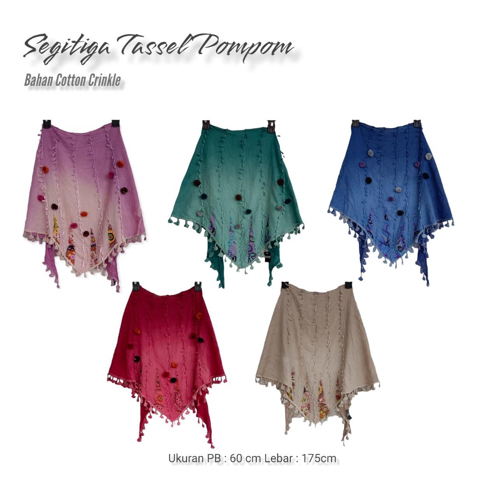 Segitiga cringkle tassel pompom gradasi / Jilbab segitiga gradasi warna motif bunga padi  / Kerudung Segi tiga Pompom tepi full katun