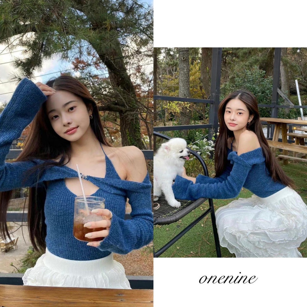 import single that is hell song jiya blue sweater women s halter strap two-piece top knit sweater wi